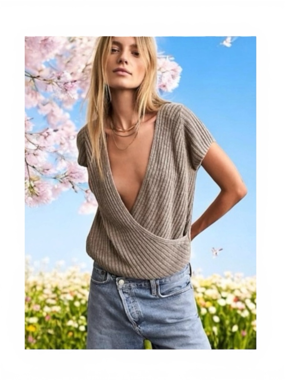 Free People FP Beach ☀︎︎ Coco Surplice Knit Sweater Top ☀︎︎ Rose Linen ☀︎︎ XS